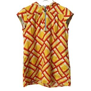 🌵 Tracy Feith Orange & Yellow Retro Print Cap Sleeve Hooded Linen Dress - Small